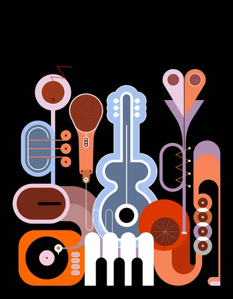 Flat Style Colored Design Isolated Black Background Music Instruments Vector — Stock Vector