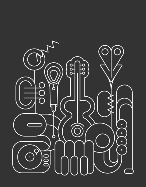 ダークグレーを基調としたホワイトラインアートのシルエット Music Instruments Designベクトルイラスト ギター サックス ピアノキーボード トランペット マイク 蓄音機 — ストックベクタ