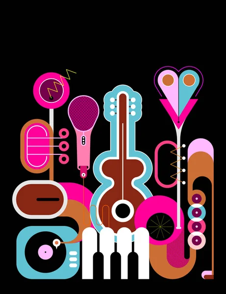 Flat Style Colored Design Isolated Black Background Music Instruments Vector — Stock Vector