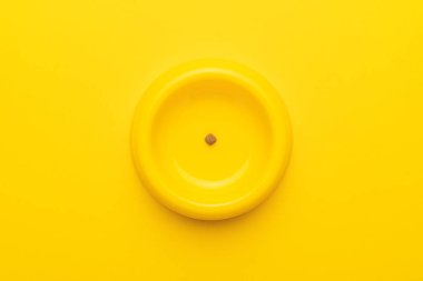 Sarı arka planda kuru yemek artıkları olan sarı evcil hayvan kasesi.