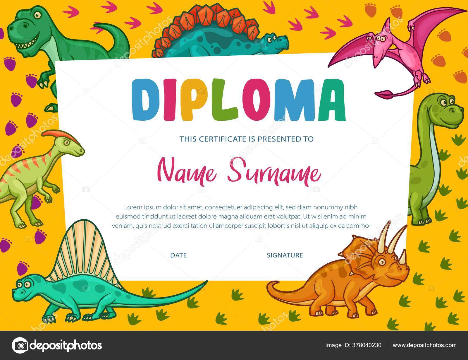 Diploma de crianças com desenhos animados dinossauros vetoriais