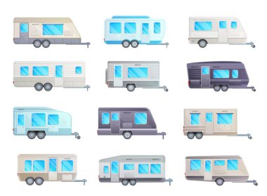 Kamp karavanı ya da karavan vektör seti ve ulaşım tasarımı. Kamp arabaları ve mobil evler, aile kampı için eğlence amaçlı motorlu taşıtlar, yaz tatili ve yol tasarımı