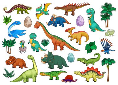 Dinozorlar, içinde sevimli dinozor hayvanları, yumurtalar ve palmiye ağaçları olan çizgi film setleri. Komik triceratops, stegosaurus, brontosaurus, t-rex ve tyrannosaurus, pterodactyl, ankylosaurus ve brachiosaurus