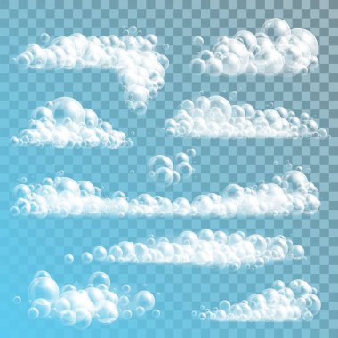 Sabun köpükleri şeffaf arkaplanda gerçekçi bir vektör modeli oluşturur. Su ve sıvı sabun köpüğü şeritleri, 3 boyutlu duş jeli, banyo köpüğü veya yansımalı çamaşır deterjanı.