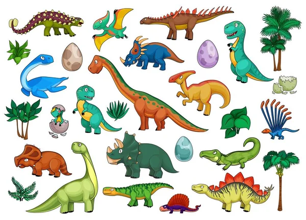 Desenhos Animados Dinossauros Com Animais Bonitos Dino Bebês Ovos Palmeiras — Vetor de Stock