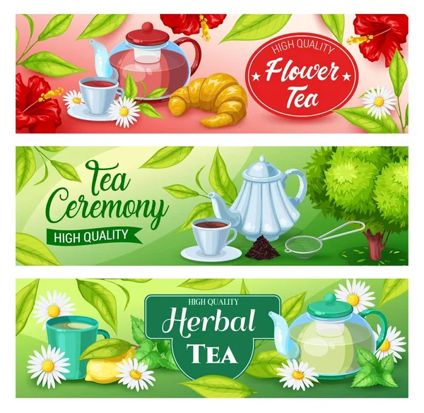 Τσάι Διάνυσμα Banners Αναψυκτικών Από Πράσινα Φυτικά Και Μαύρα Ζεστά — Διανυσματικό Αρχείο