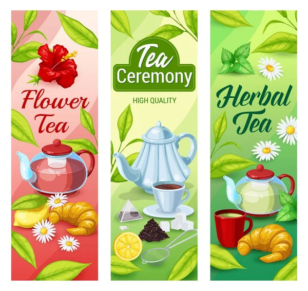 Green Black Herbal Tea Beverage Vector Banners Green Leaves Cups — Stock Vector