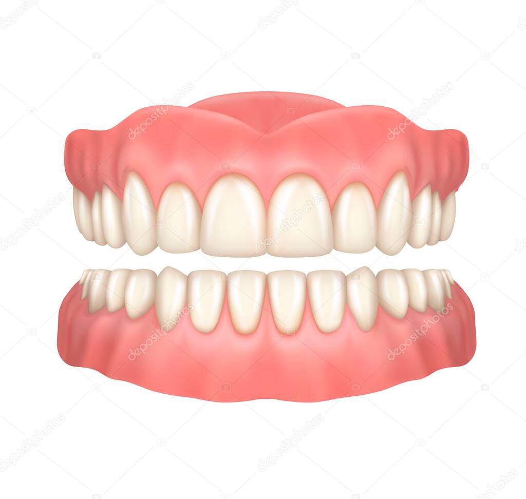 Dentures or false teeth realistic vector design of orthodontics and aesthetic dentistry medicine. Upper and lower jaws with fake teeth, 3d dental prosthesis on white background, healthcare themes