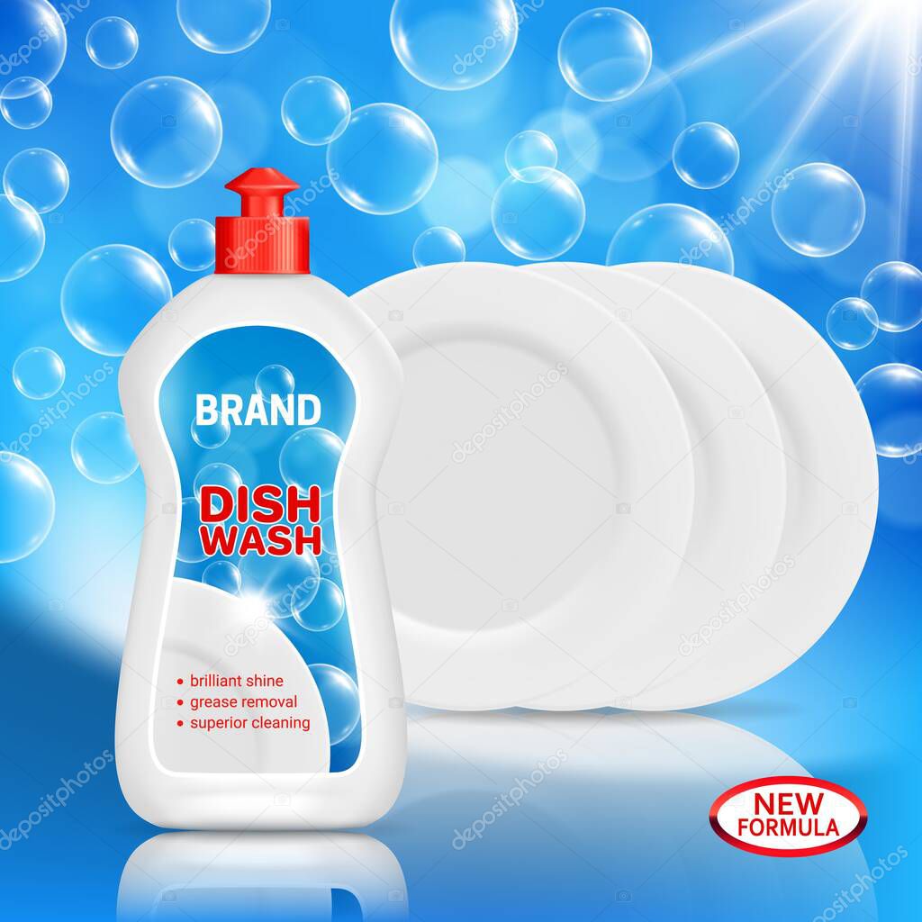 Dish wash liquid soap and clean dishes realistic vector mockup. Dishwashing detergent advertising design of 3d plastic bottle with label template, white plates and soap bubbles