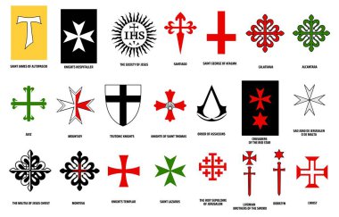 Orders of chivalry vector design of military and religious orders of knights. Medieval knights heraldic emblems with crosses, fleur-de-lis, swords and shields, sun and stars, heraldry themes clipart