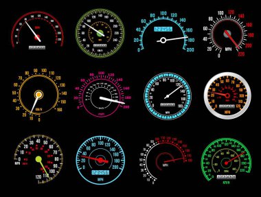 Speedometers, speed indicator vector dashboard dial scales for auto. Isolated car speedometers with km digits and arrows. Vehicle board realistic interface, speed accelerate, transportation technology clipart