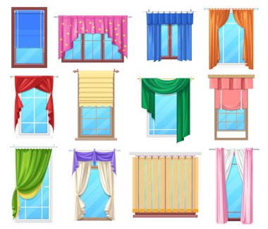 Windows with curtains and jalousie, vector interior design elements. Plastic windows frames with fabric drapery and roller blinds. White pvc and wooden brown sills, transparent home glasses set clipart