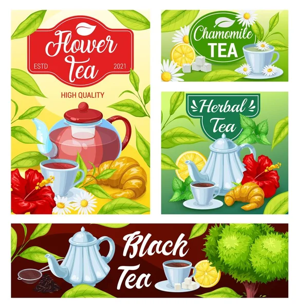 Tea Cup Teapot Black Green Herbal Beverage Vector Banners Green — Stock Vector