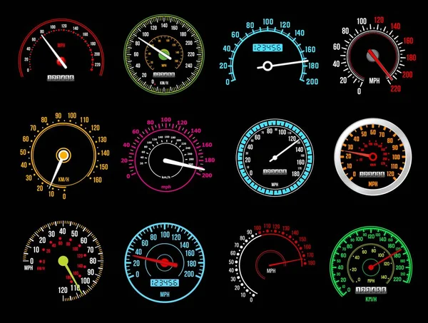 速度计 速度指示器 仪表盘自动刻度盘 具有公里数字和箭头的孤立的汽车速度计 车辆踏板现实界面 速度加速 运输技术 — 图库矢量图片