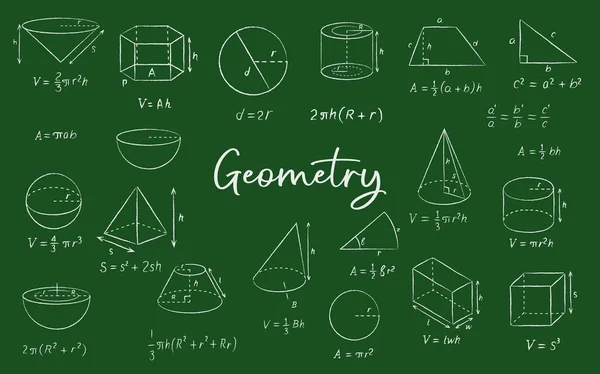 Dibujos Geométricos Tiza Pizarra Educación Vectorial Vuelta Escuela Fórmulas Matemáticas — Vector de stock