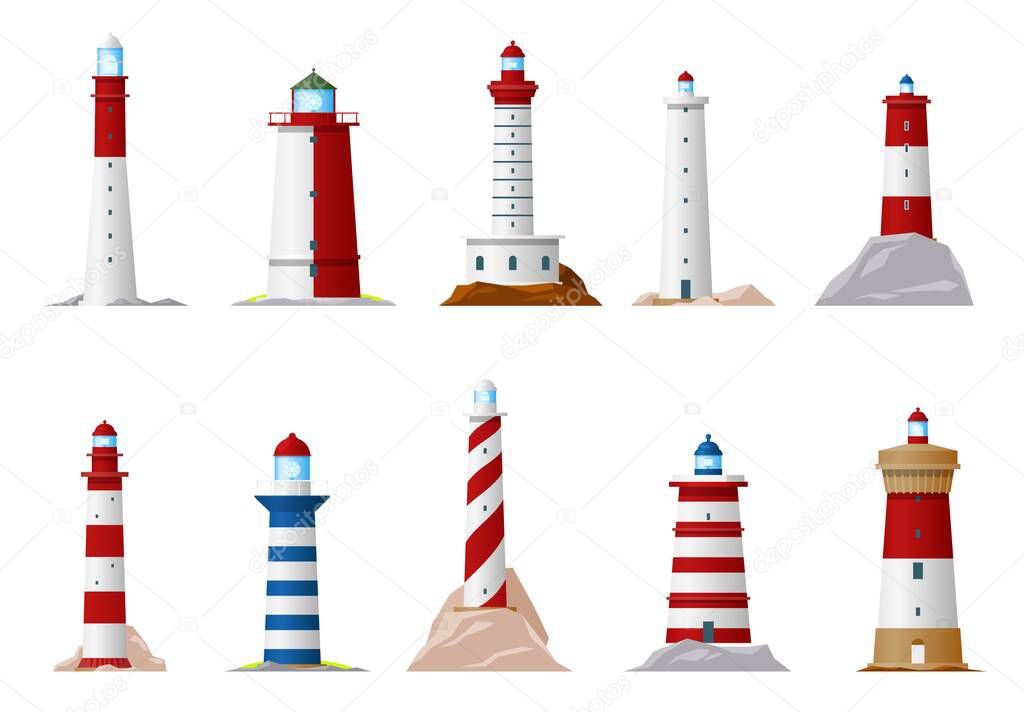 Nautical lighthouse and sea navigation beacon isolated icons. Vector lighthouse towers on ocean coast or marine shore with searchlight lamps and balustrade fence, nautical navigation equipment symbols