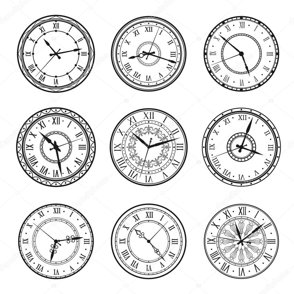 Vintage clock faces, vector retro watch dials signs. Ornate watchface with clock hands, roman numerals and antique ornament design. Elegant classic hour time symbols, isolated monochrome icons set