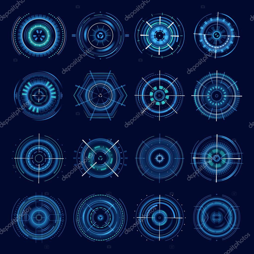 Futuristic military aims, vector optical aiming sci-fi spaceship crosshair, HUD user interface. Modern techno target screen elements, collimator sight, gun targets focus range indication sniper weapon