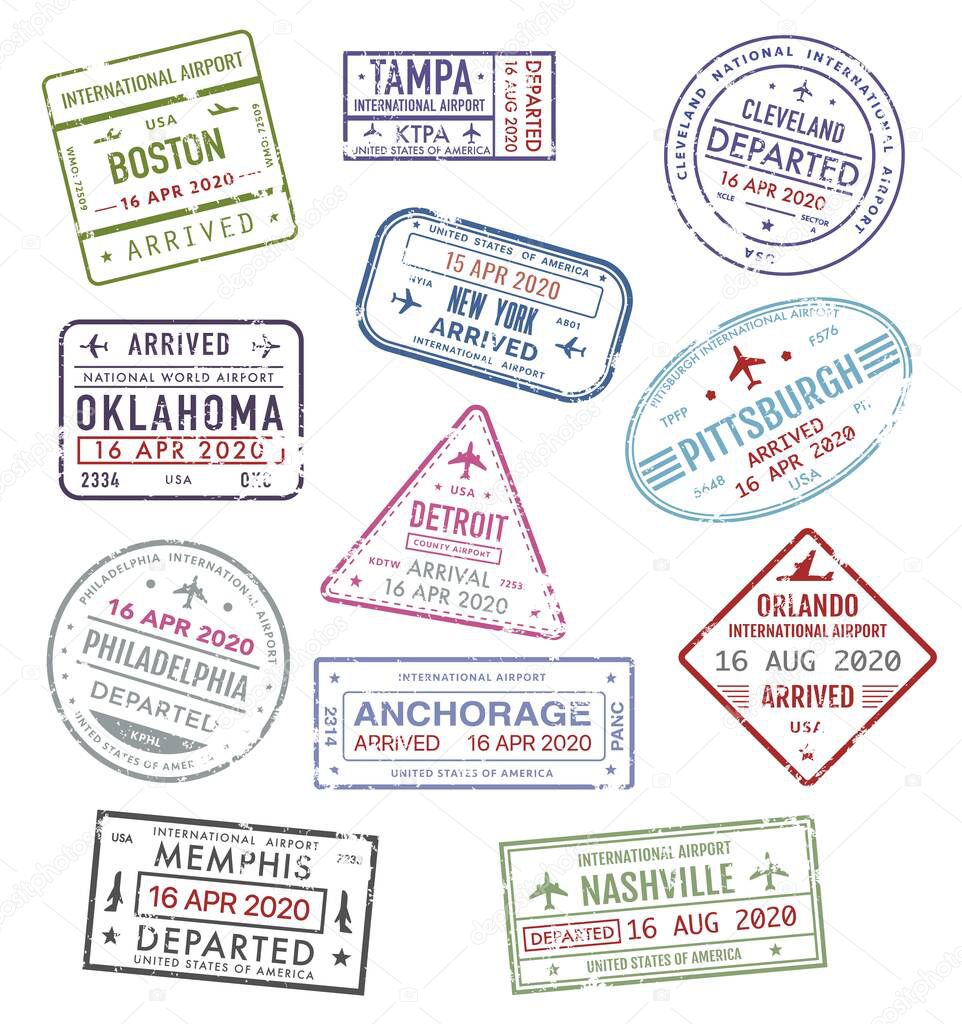 Stamps of USA, passport travel visas of US airport, vector icons, international departure and arrival. America airport passport travel stamps of New York, Boston, Orlando, Philadelphia and Pittsburgh