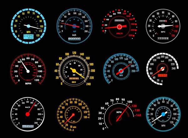 Car speedometer icons of dashboard speed meters