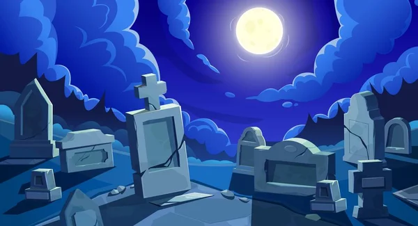 Gece yarısı dolunay ve vektör mezarlığı olan bir mezarlık. — Stok Vektör