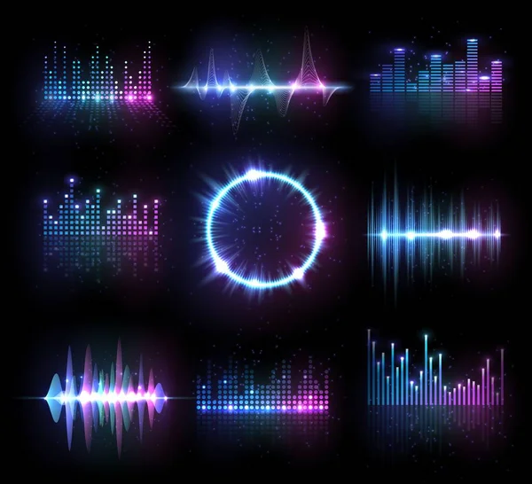 Музыкальные эквалайзеры, векторные аудио- и радиоволны — стоковый вектор