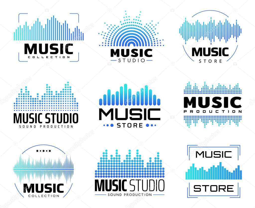 Music icons with equalizers, isolated vector symbols with audio or radio waves or sound frequency lines. Audio player display waveform, soundwave recorder signal. Music studio production labels set