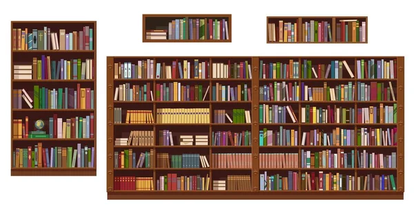 Book shelves and bookcase of library, bookstore — Stock Vector