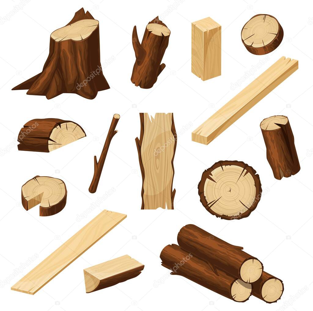 Timber set of wood logs, tree trunks and stump