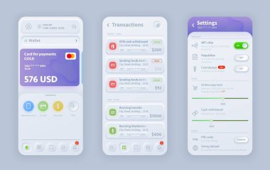 Çevrimiçi bankacılık neomorfik arayüz vektör tasarımı ilgili mobil uygulama veya web sitesi uygulaması için. Cüzdan, ödeme kartı, işlem ve ekranların UI, UX veya GUI kullanıcı arayüz şablonları