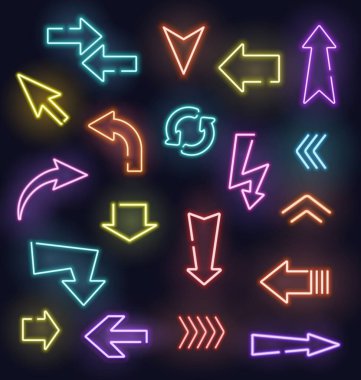 Parlayan ışık işaretlerinin Neon ok vektör işaretleri. Kırmızı, mavi, sarı ve mor ok işaretçileri, sokak, kumarhane ve bar, gece kulübü, sinema ve motel yer göstergeleri koyu arkaplanda