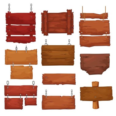 Tahta tahtalar iplere ve zincirlere asılı. Ahşap desenli çizgi film vektör tabelaları, bar ya da bar için kırsal tarzda afişler ya da etiketler. Pc oyun menüsü için boş eski tahta paneller, bar girişi seti