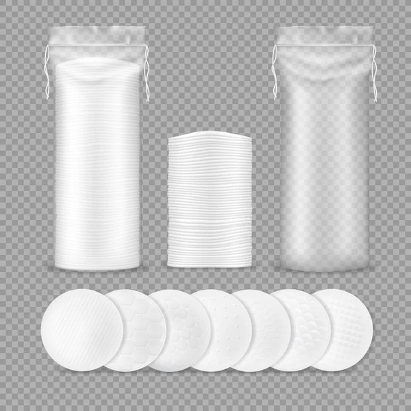 Modèles Réalistes Coton Avec Éponges Rondes Démaquillantes Isolées Vectorielles Sacs — Image vectorielle