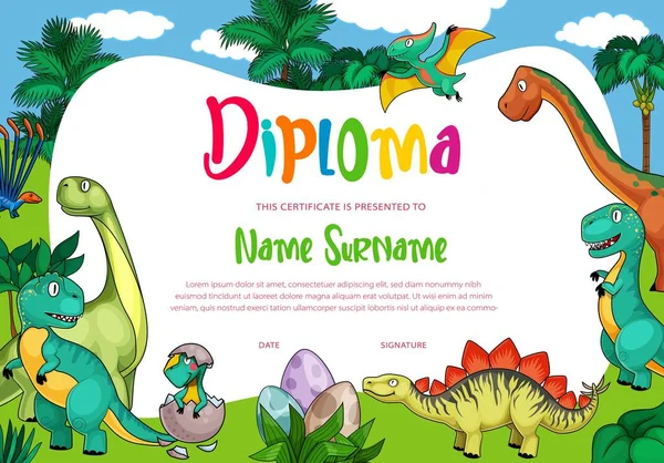 Diploma de crianças com desenhos animados dinossauros vetoriais bonitos — Vetor de Stock