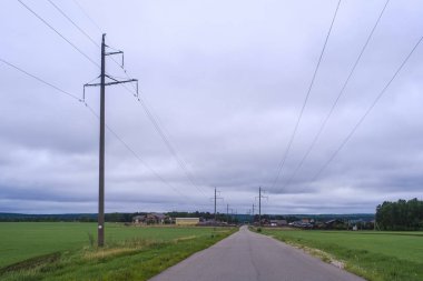 Alan, bulutlu gökyüzü ve köy yolunda