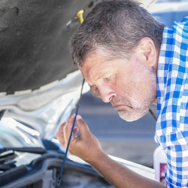 Comic portrait of a man checking of oil level