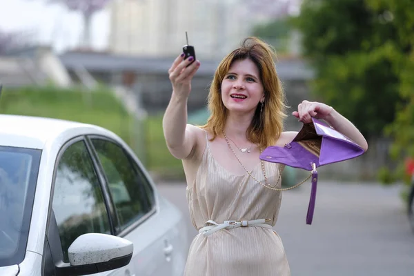 Girl Happy She Found Cosmetic Bag Car Key — Stock Photo, Image