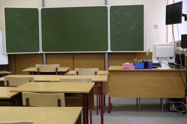 Moskova, Rusya - Eylül, 24, 2018: İç Moskova priver okulda modern okul sınıf