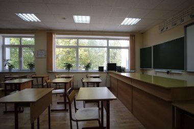 Moskova, Rusya - Eylül, 24, 2018: İç Moskova priver okulda modern okul sınıf