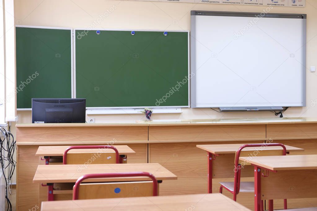 Moscow, Russia - September, 24, 2018: Interior of a modern school classroom in Moscow priver school