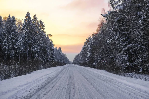 Zimą Droga Zachód Słońca — Zdjęcie stockowe