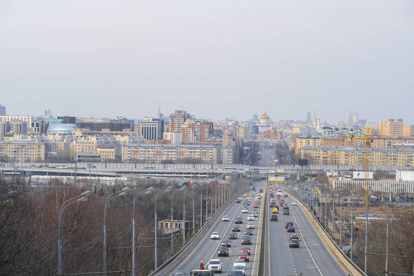 Moscow, Russia - April, 21, 2019: traffic on a bridge on Vorobiyovi Gori in Moscow