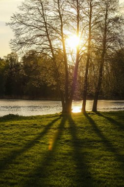Valdai gölü üzerinde gün batımı görüntüsü ile manzara