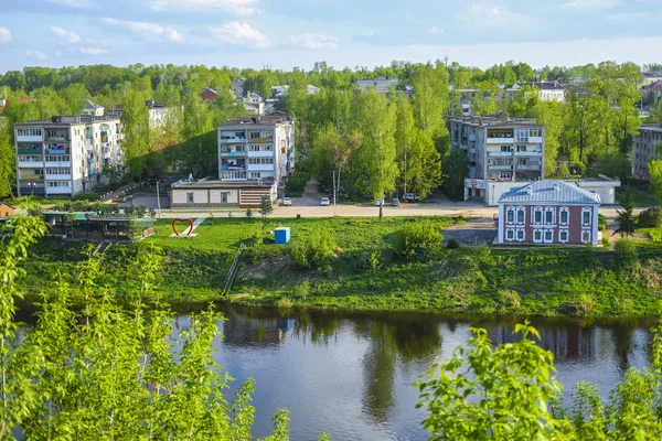 Rzhev Russia May 2019 Image Apartment Buildings Standing Banks Volga — Stock Photo, Image