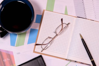 Grafik kağıtlarının üzerinde duran gözlüklü ve kalemli açık bir defter resmi