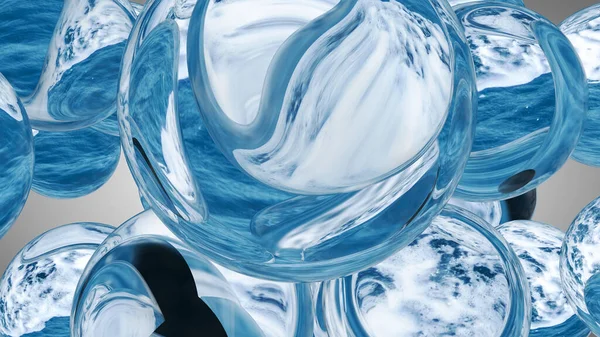 Wasserblaue Gelbkugeln. Polymer-Gel. Kieselgel. Bälle aus blauem Hydrogel. Kristallkugel mit Reflexion. — Stockfoto