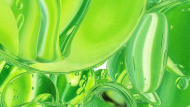 Yeşil su damlaları. Kabarcıklı soyut su. 3B illüstrasyon
