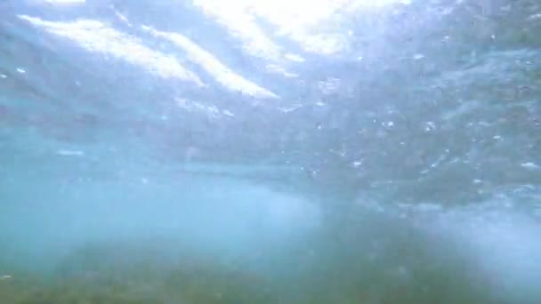 Güneş ışınları su altında ışıldar. Turkuaz okyanustaki ekosistem ve okyanus tabanının sualtı görüntüsü.. — Stok video