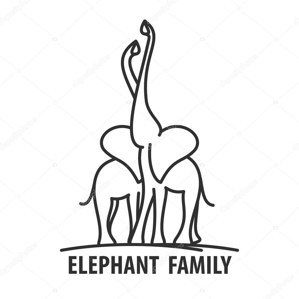 Minimalist bold line icon of elephants couple. Abstract Logo template of elephant family. Vector illustration.