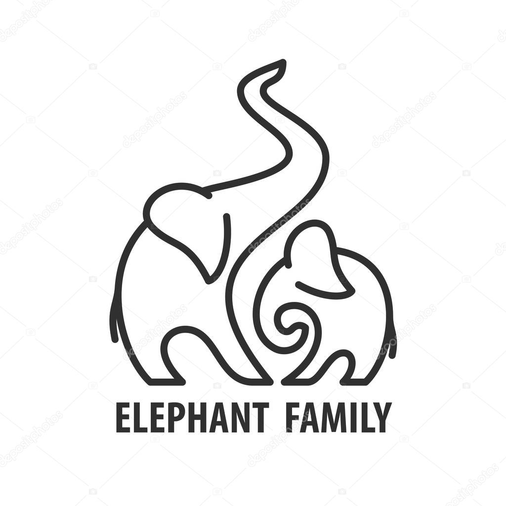 Minimalist bold line icon of elephants mother and child. Abstract Logo template of elephant family. Vector illustration.